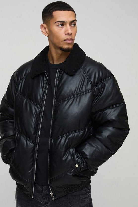 Oversized Borg Collar PU Puffer Jacket