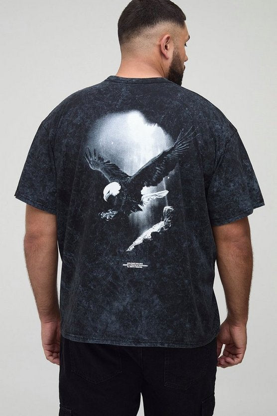 Plus Oversized Man Acid Wash Eagle T-Shirt