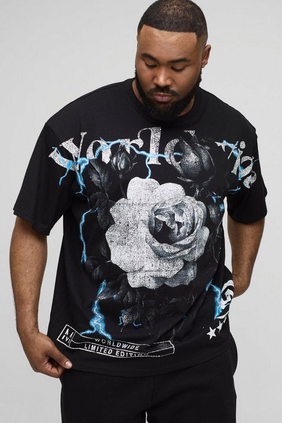 Plus Oversized Worldwide Floral Over The Seam Print T-Shirt