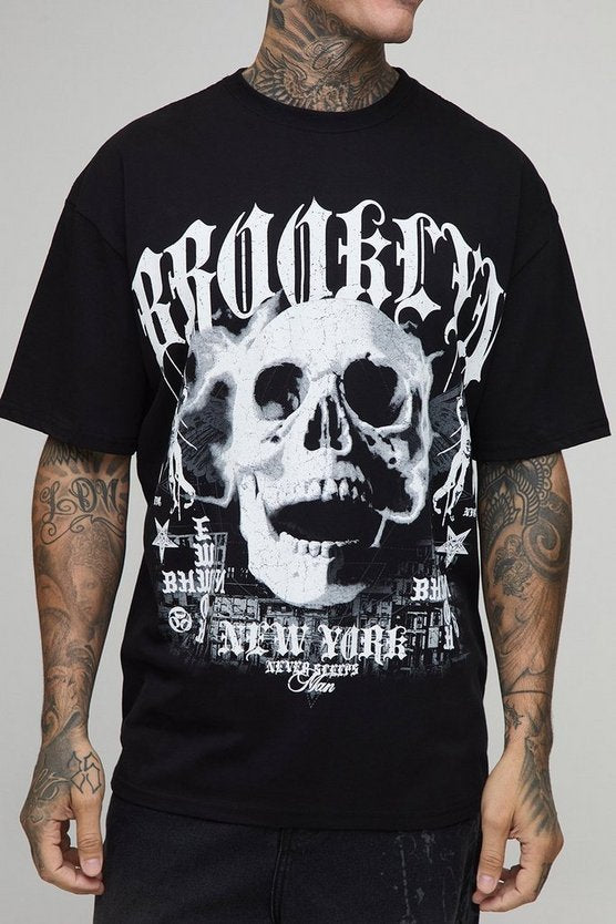 Tall Oversized Brooklyn Skull Print Print T-Shirt