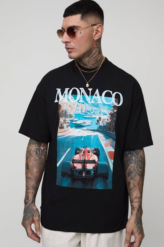 Tall Oversized Extended Neck Monaco Racing Print T-Shirt
