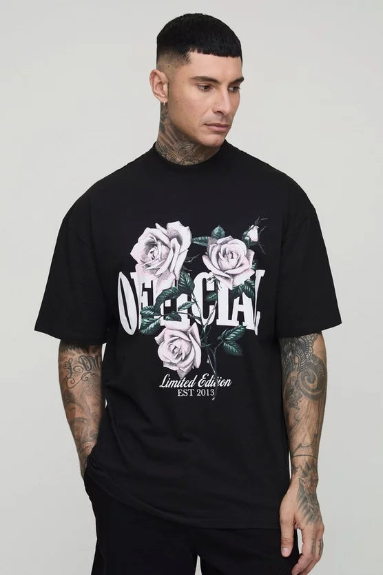 Tall Oversized Extended Neck Official Floral Print T-Shirt