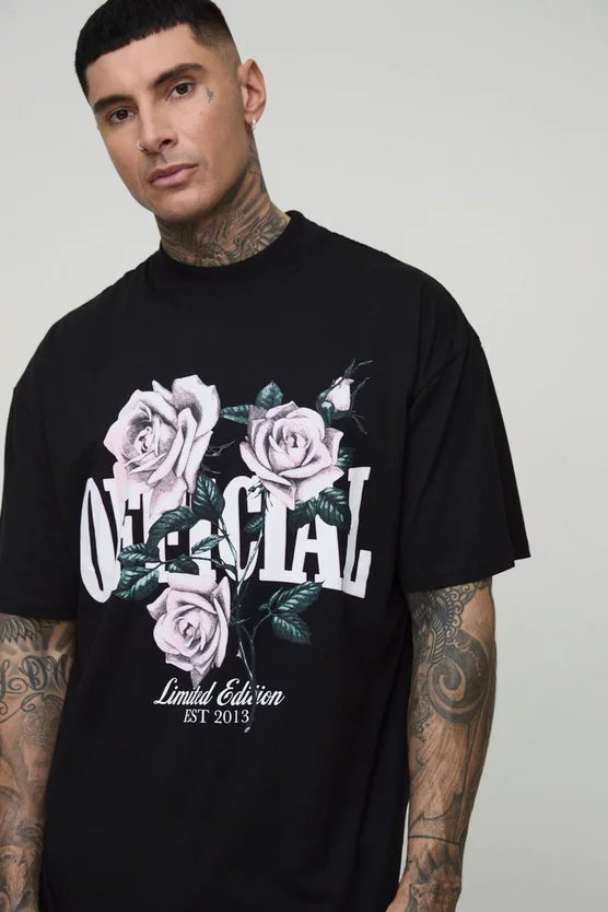 Tall Oversized Extended Neck Official Floral Print T-Shirt