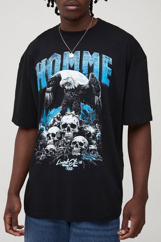 Tall Oversized Homme Gothic Skulls Print T-Shirt