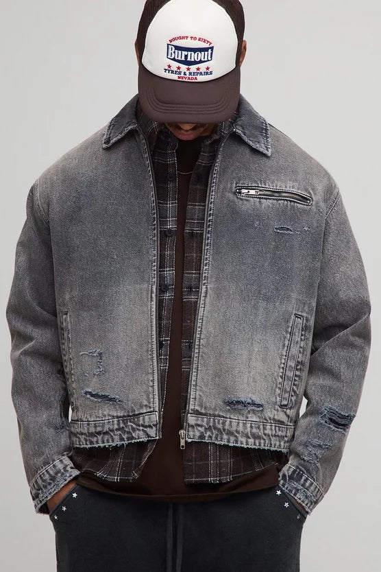 Boxy Embroidered Oil Wash Denim Harrington Jacket
