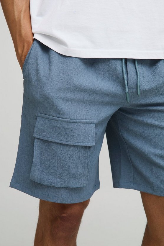 Elasticated Waist Relaxed Fit Crinkle Textured Cargo Shorts
