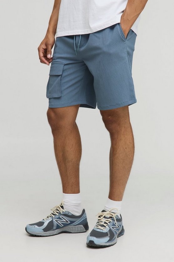 Elasticated Waist Relaxed Fit Crinkle Textured Cargo Shorts