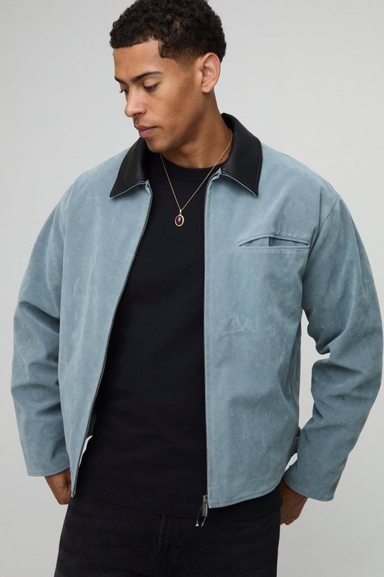Oversized Boxy Contrast Collar Faux Suede Harrington Jacket