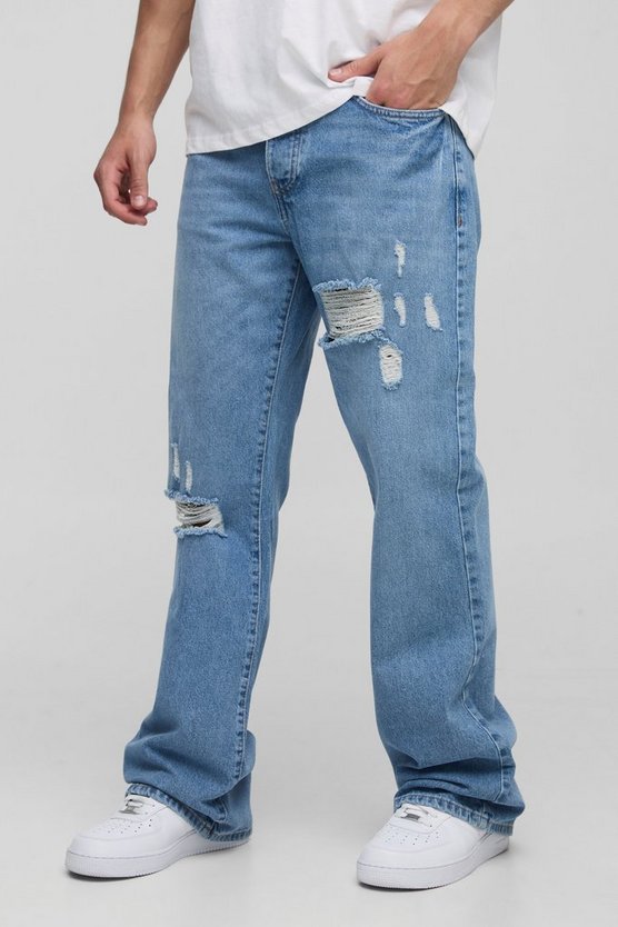 Relaxed Flared Ripped Knee Blue Wash Jeans