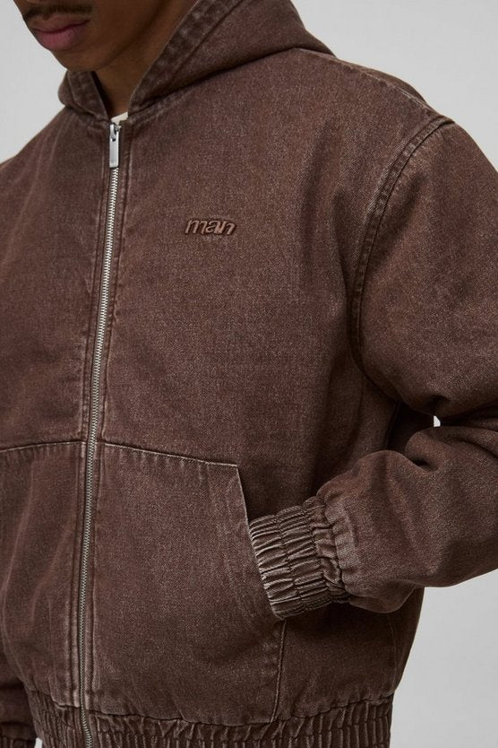 Boxy Fit Padded Washed Twill Hooded Bomber Jacket