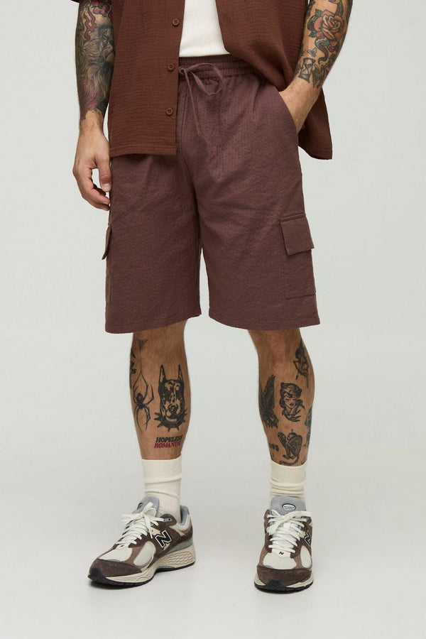 Relaxed Elasticated Waist Seersucker Cargo Short
