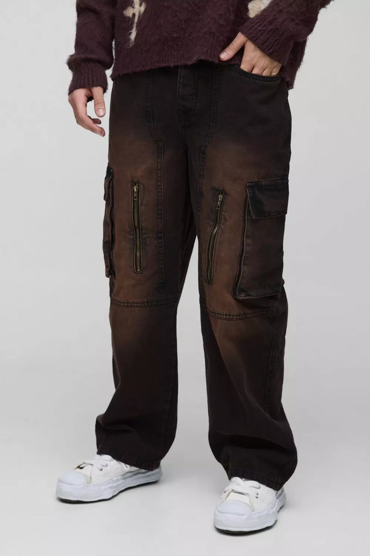 Relaxed Rigid Acid Wash Cargo Carpenter Denim Jeans