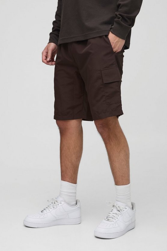 Elasticated Waist Relaxed Mid Length Crinkle Nylon Cargo Shorts