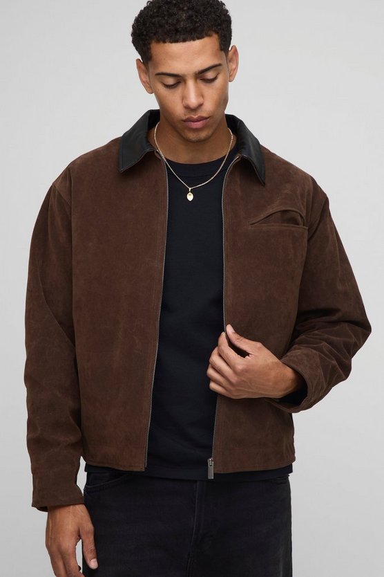Oversized Boxy Contrast Collar Faux Suede Harrington Jacket