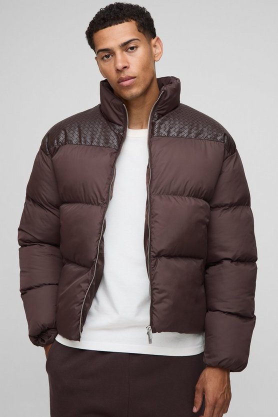 Regular Fit PU Yoke Nylon Panel Puffer Jacket