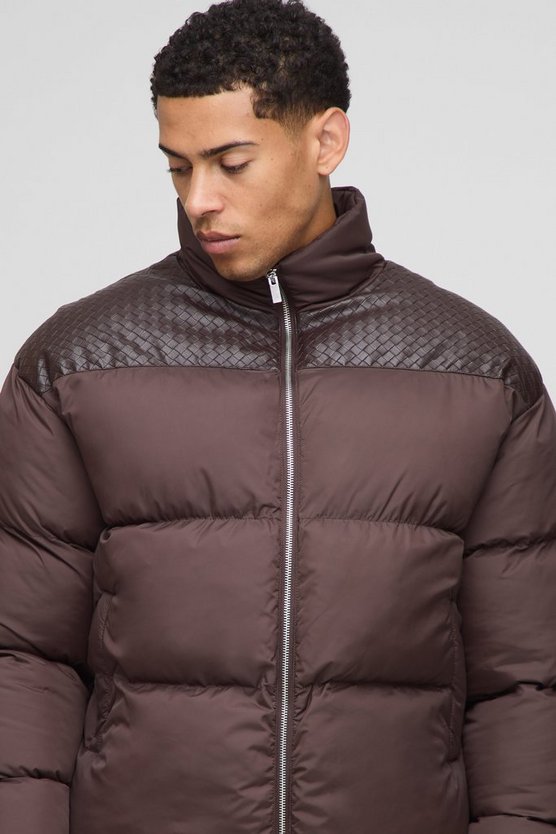 Regular Fit PU Yoke Nylon Panel Puffer Jacket