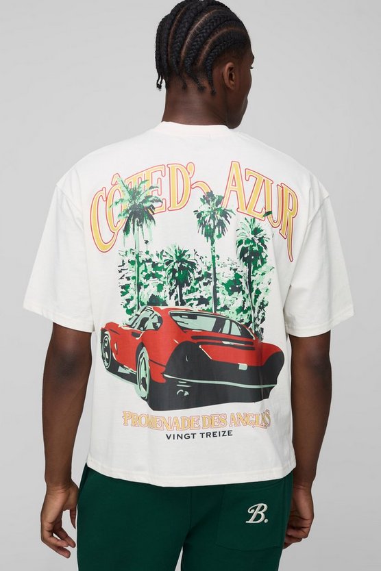 Ecru Oversized Boxy Extended Neck Car Graphic T-Shirt