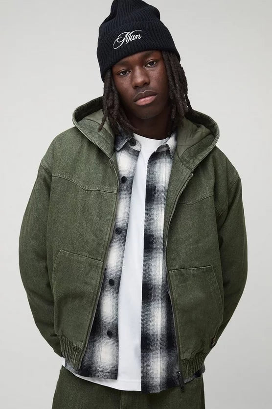Boxy Fit Denim Quilted Zip Through Hoodie