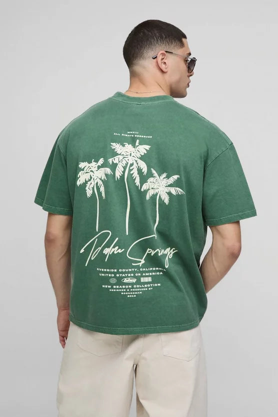 Oversized Extended Neck Palm Springs Graphic Washed T-Shirt