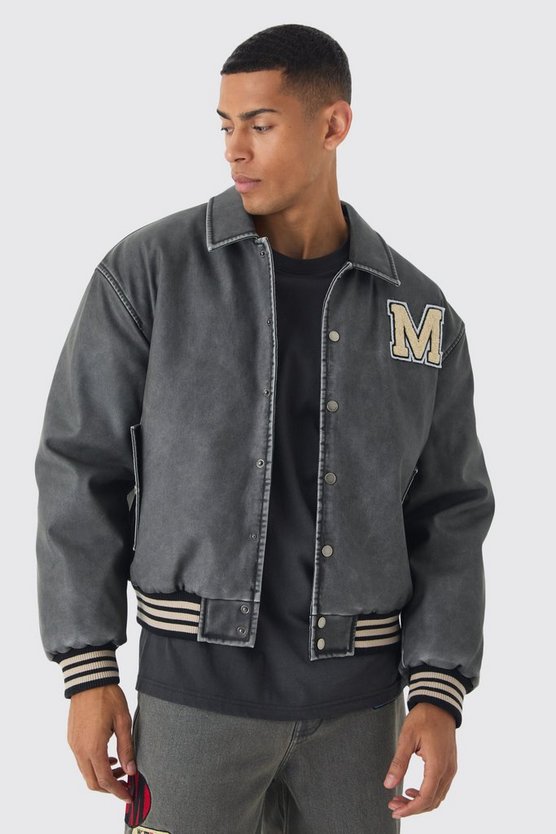 Boxy Washed Pu Varsity Jacket In Grey