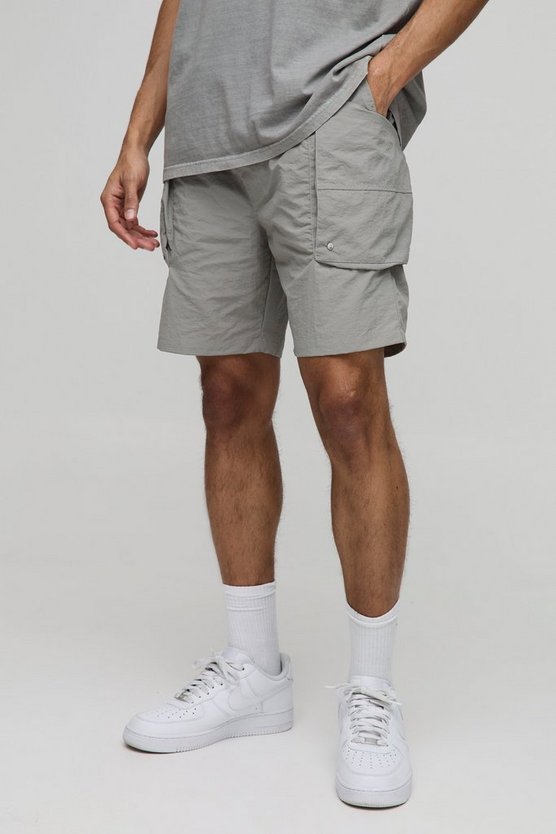 Elasticated Waist Relaxed Crinkle Nylon Cargo Shorts