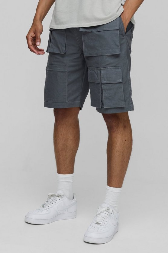Elasticated Waist Relaxed Fit Ripstop Multi Pocket Cargo Shorts