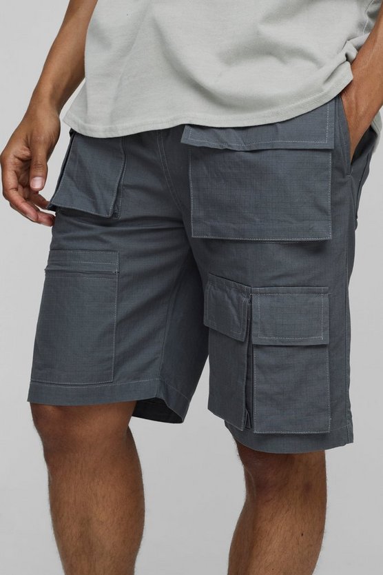 Elasticated Waist Relaxed Fit Ripstop Multi Pocket Cargo Shorts