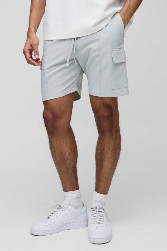 Elasticated Waist Slim Technical Stretch Pintuck Cargo Shorts