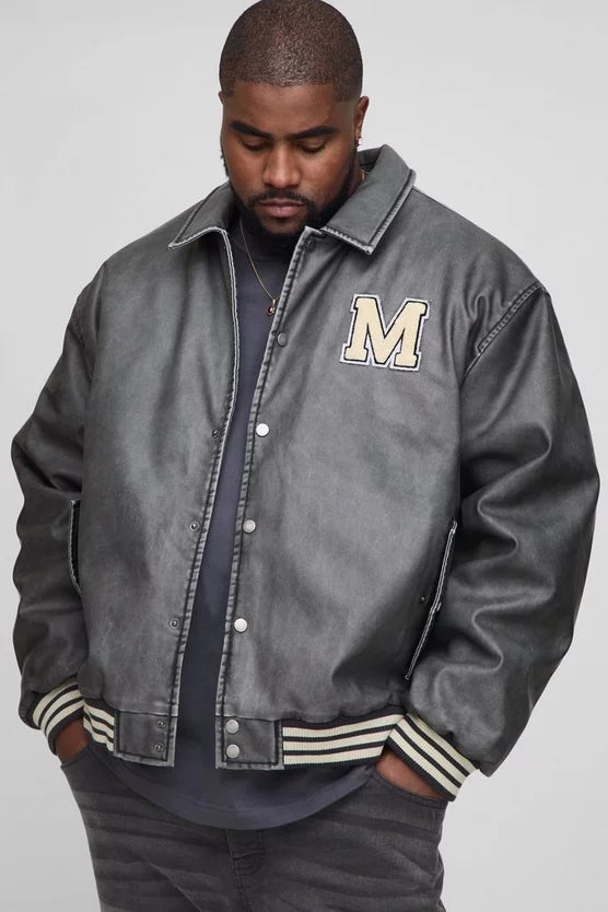 Plus Boxy Washed Pu Varsity Jacket In Grey