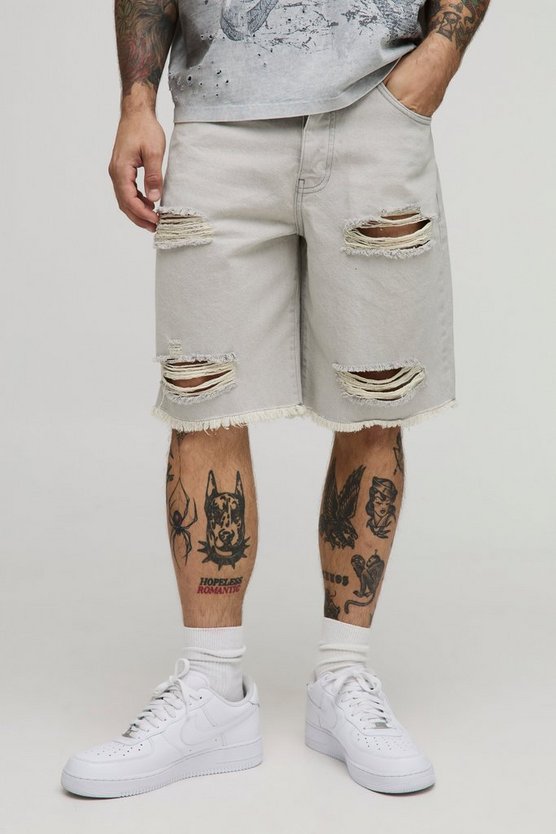 Relaxed Fit Ripped Washed Denim Shorts