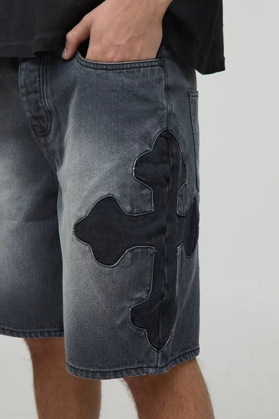 Relaxed Rigid Cut & Sew Cross Applique Denim Shorts