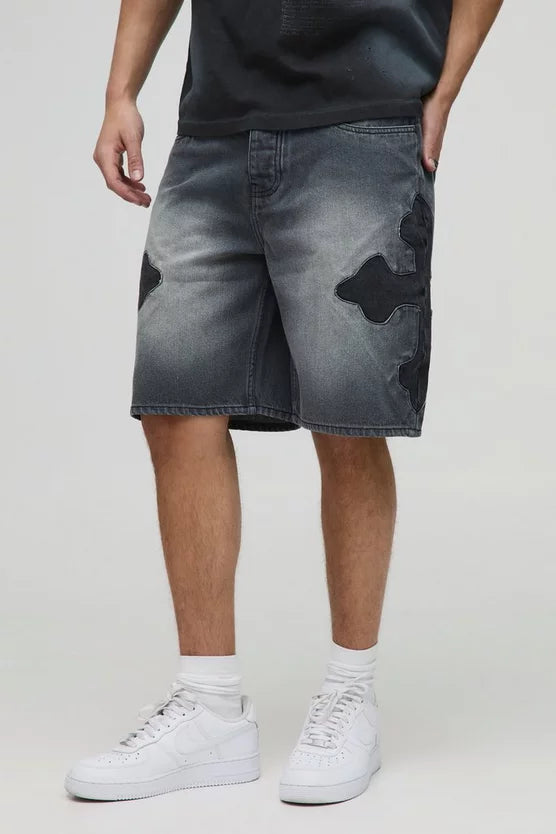 Relaxed Rigid Cut & Sew Cross Applique Denim Shorts