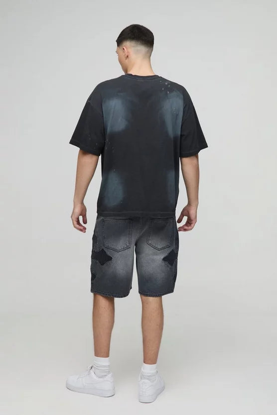 Relaxed Rigid Cut & Sew Cross Applique Denim Shorts