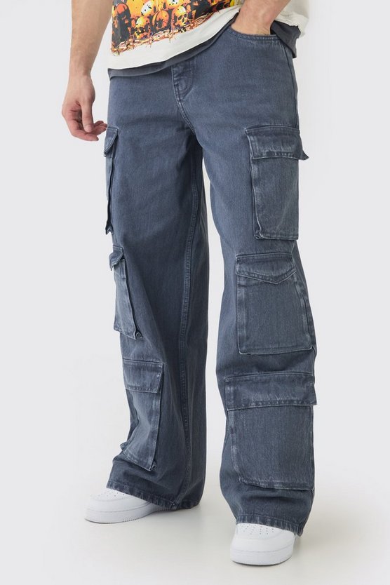 Tall Baggy Fit Washed Multi Pocket Cargo Jeans