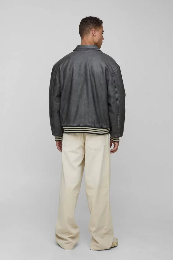 Tall Boxy Washed Pu Varsity Jacket In Grey