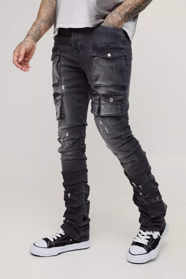 Tall Stacked Multi Cargo Pocket Flared Jeans