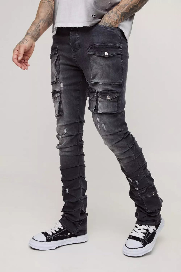 Tall Stacked Multi Cargo Pocket Flared Jeans