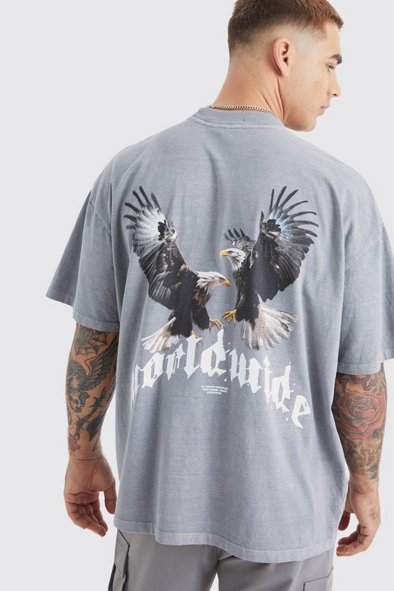Washed Oversized Extended Neck Eagle Graphic T-shirt
