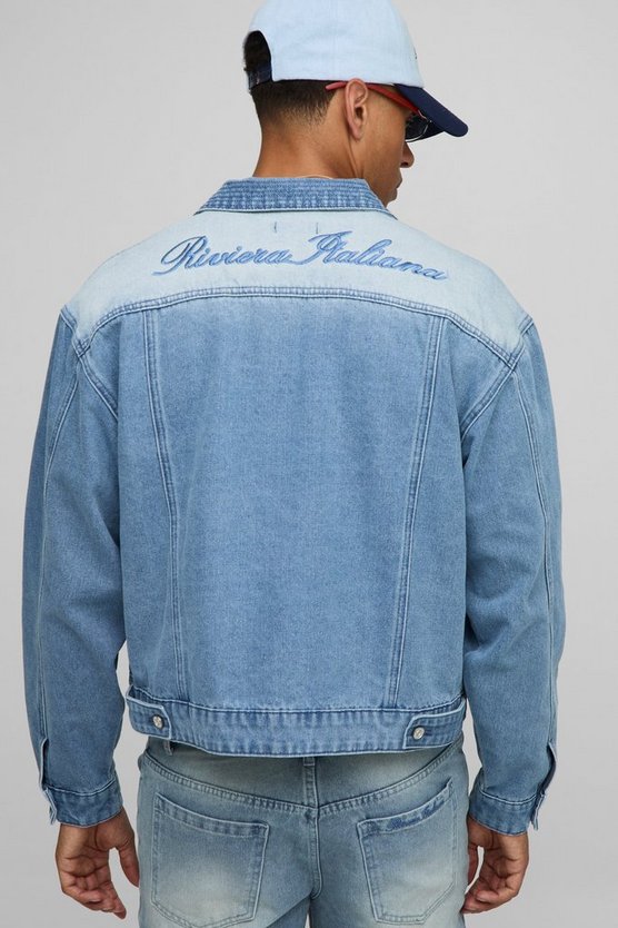 Boxy Fit Ice Blue Washed Embroidered Denim Jacket