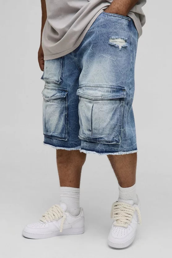 Plus Slim Ice Wash Raw Hem Distressed Cargo Jorts