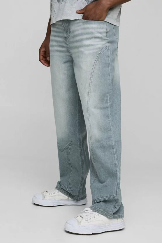 Baggy Ice Grey Washed Paneled Jeans