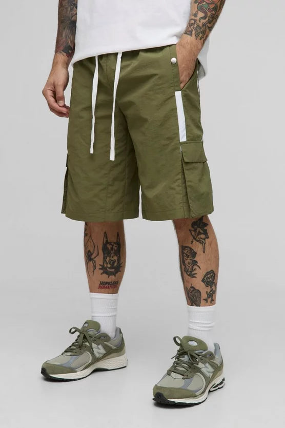 Elasticated Baggy Long Length Nylon Cargo Shorts
