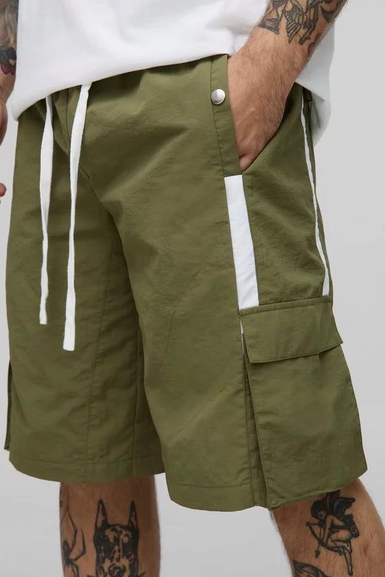 Elasticated Baggy Long Length Nylon Cargo Shorts