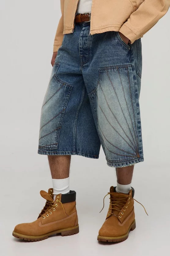 Longline Carpenter Stitch Detail Denim Jorts