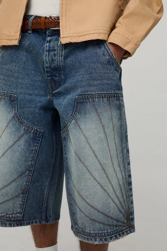 Longline Carpenter Stitch Detail Denim Jorts