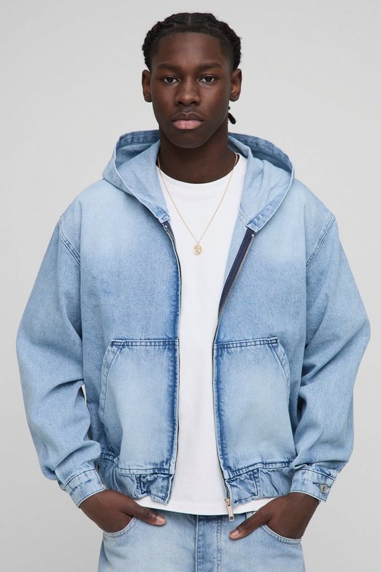Oversized Boxy Light Blue Washed Denim Hoodie