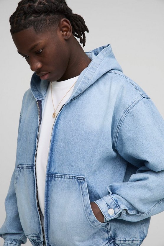 Oversized Boxy Light Blue Washed Denim Hoodie