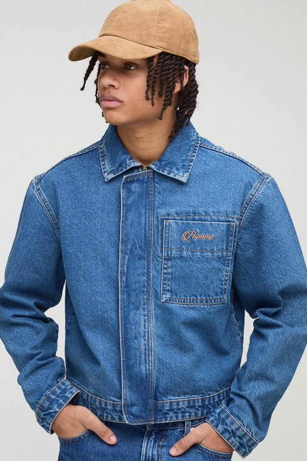 Regular Fit Concealed Placket Embroidered Denim Jacket