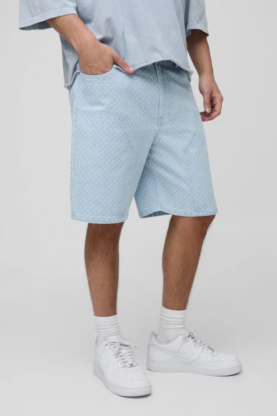 Relaxed Rigid All Over Distressed Carpenter Denim Jorts In Light Blue