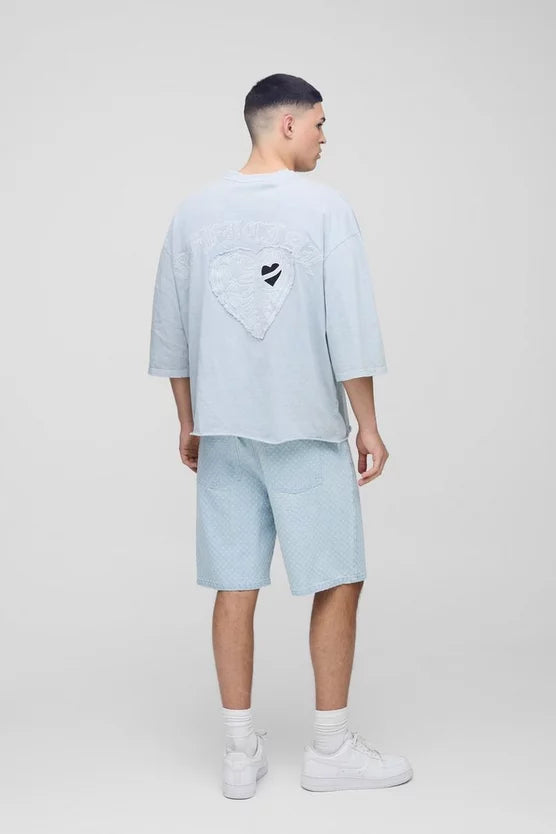 Relaxed Rigid All Over Distressed Carpenter Denim Jorts In Light Blue